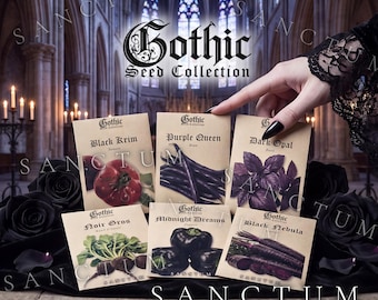 May include: Six rectangular seed packets labeled Gothic Seed Collection featuring Black Krim tomato, Purple Queen bean, Dark Opal basil, Noir Gros radish, Midnight Dreams pepper, and Black Nebula carrot, arranged on black fabric with black roses.