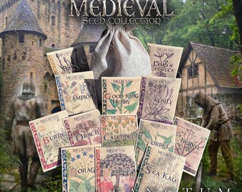 May include: A collection of seed packets labeled Medieval Seed Collection, featuring botanical illustrations of plants like Rampion, Calendula, and Quince, arranged in front of a beige fabric drawstring pouch against a castle backdrop.