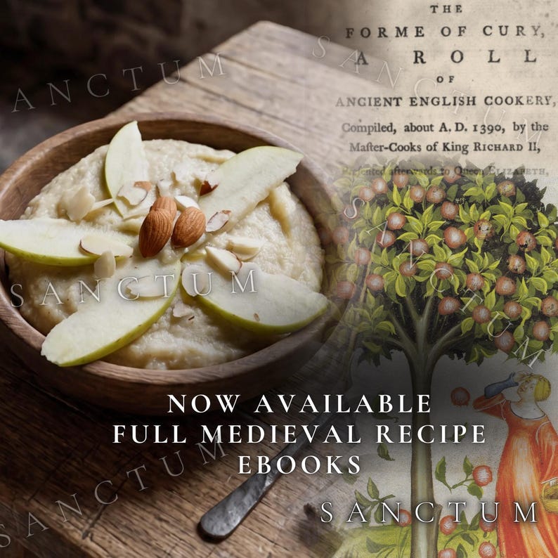 May include: A wooden bowl filled with creamy porridge topped with sliced green apples and whole almonds. The image includes text reading THE FORME OF CURY, A ROLL OF ANCIENT ENGLISH COOKERY, NOW AVAILABLE FULL MEDIEVAL RECIPE EBOOKS.
