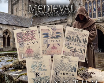 May include: Five rectangular seed packets labeled Medieval Seed Collection featuring botanical illustrations of Vervain, Betony, Agrimony, Rue, and Yarrow. Each packet displays the plant name in a decorative font with detailed ink-style drawings.
