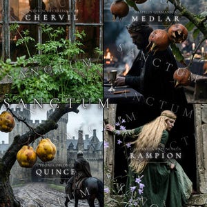 May include: A four-panel collage featuring botanical and medieval scenes. Panels display chervil with text, medlar fruit on a branch with a person in a crown, quince fruit on a branch with a rider on horseback, and rampion with a person in a green dress.