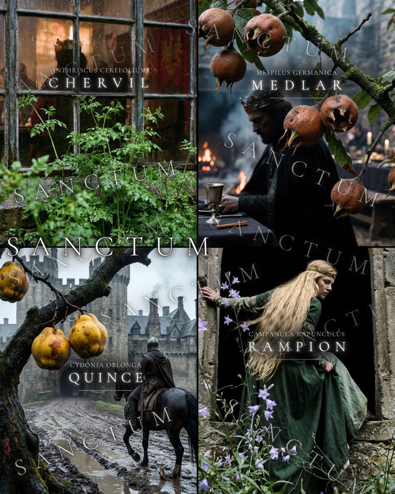 May include: A four-panel collage featuring botanical and medieval scenes. Panels display chervil with text, medlar fruit on a branch with a person in a crown, quince fruit on a branch with a rider on horseback, and rampion with a person in a green dress.