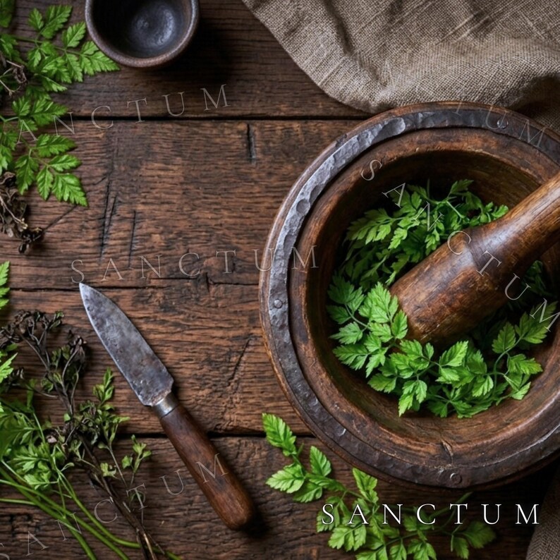 May include: A dark wooden mortar and pestle containing fresh green herbs, accompanied by a small metal knife with a wooden handle and a small dark bowl, all arranged on a rustic wooden surface with a piece of textured brown fabric.