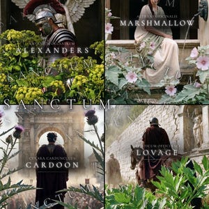 May include: A four-panel collage featuring historical scenes with botanical labels. Top left: a Roman soldier with Alexanders plants. Top right: a person in a toga with Marshmallow flowers. Bottom left: a figure facing an arch with Cardoon. Bottom right: a rider with Lovage.