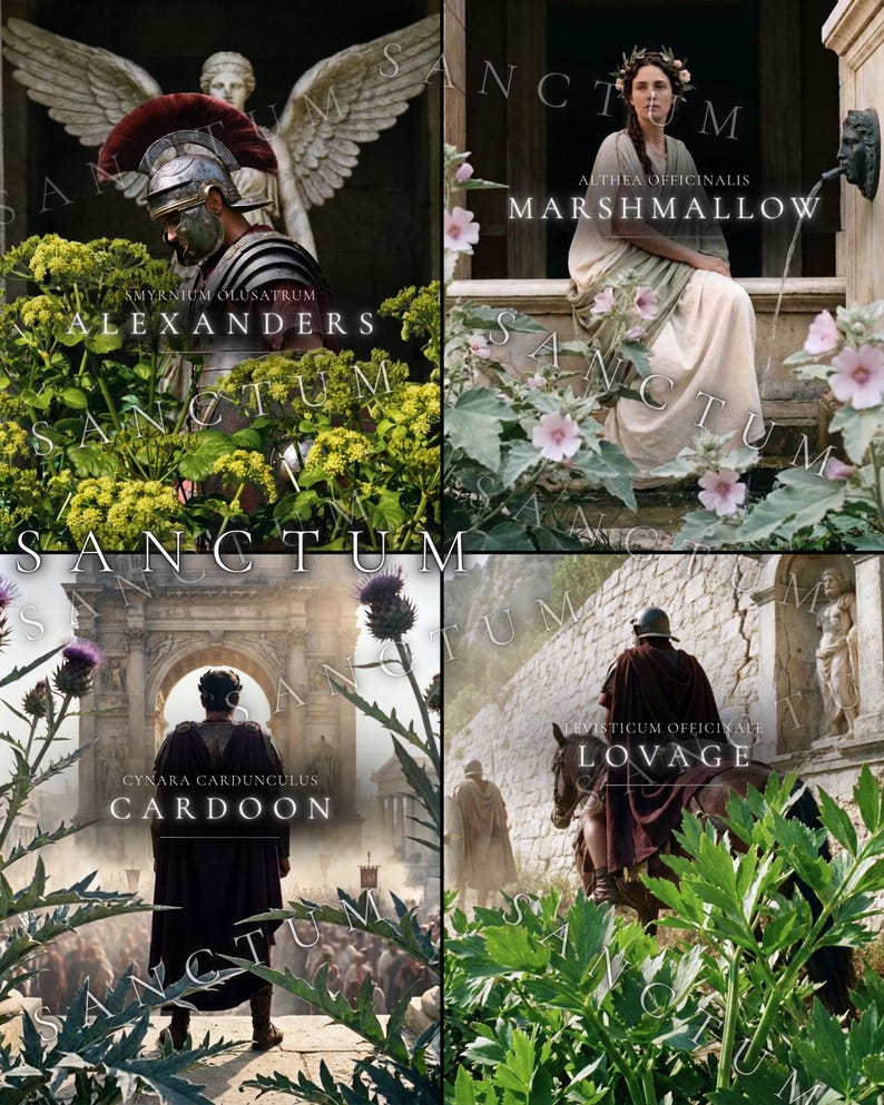 May include: A four-panel collage featuring historical scenes with botanical labels. Top left: a Roman soldier with Alexanders plants. Top right: a person in a toga with Marshmallow flowers. Bottom left: a figure facing an arch with Cardoon. Bottom right: a rider with Lovage.