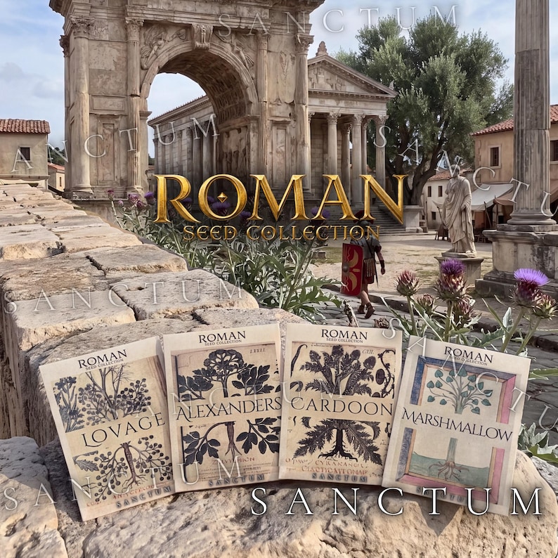 May include: Four rectangular seed packets labeled Roman Seed Collection featuring botanical illustrations of Lovage, Alexanders, Cardoon, and Marshmallow. Each packet displays black ink drawings of plants on a cream background with text.
