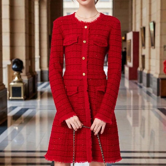 red wool dress long sleeve Red Long-Sleeve Wool Blend Dress | Elegant Round Neck