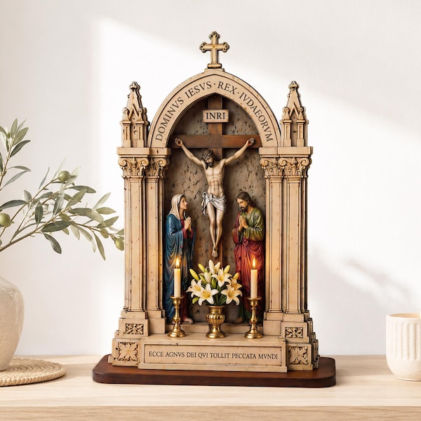 Layered Wooden Crucifix Altar Shrine – Christian Tabletop Decor, Catholic Jesus Cross Display, Religious Gift