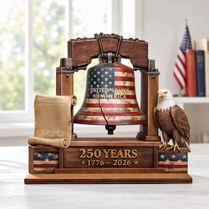 May include: A patriotic decorative piece featuring a bell painted with the American flag design, with the text "UNITED STATES OF AMERICA". The base reads "250 YEARS 1776-2026". An eagle statue and a scroll are also included.