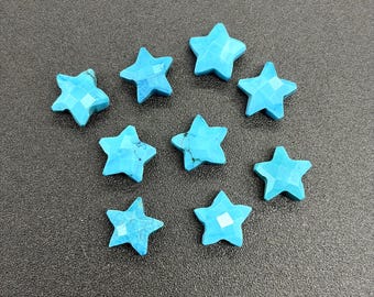 May include: Eight turquoise star-shaped gemstones with faceted surfaces are arranged on a dark grey background. The gemstones are a bright, vibrant blue colour, and each star has five points.