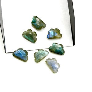 May include: Seven faceted labradorite cloud-shaped gemstones. The gemstones display a range of colours, including blues, greens, and greys. The gemstones are arranged on a white surface.