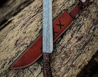 Handmade Viking Seax Knife | D2 Steel Blade with Etching | Carved Wood Handle | Collectible Norse Gift for Him, Christmas Gift For Him