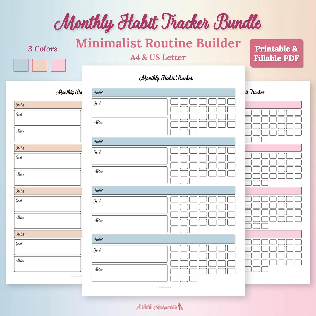 Monthly Habit Tracker, Bundle 3 Colors, Fillable Printable PDF 31 Day ...