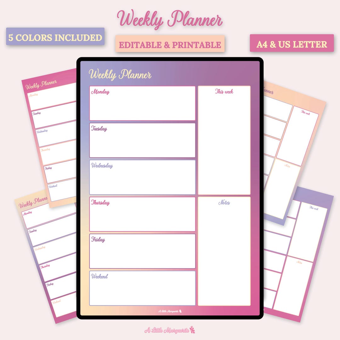Weekly Planner | Printable Editable Template Undated Organizer Schedule ...