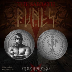 May include: Two silver coins with the text "THE SABBATH RUNES". One coin features a man's portrait and the text "THE SABBATH PROJECT". The other coin has runes and the text "MIGHTIER SEEMED I THAN ANY MAN FOR A FIERCER NEVER I FOUND". The coins are 3.8 cm in size.