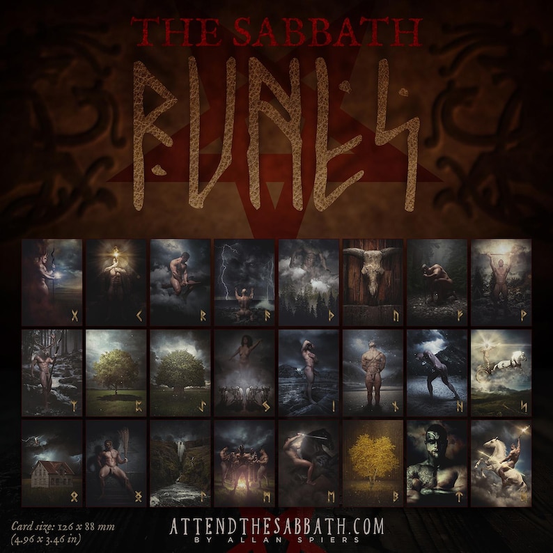 Pu&ograve; includere: Un set di 24 carte dei tarocchi con un'estetica dark e gotica. Ogni carta rappresenta un diverso simbolo runico e un'immagine corrispondente. Le carte sono intitolate "The Sabbath Runes" e sono di Allan Spiers. Le carte hanno una dimensione di 126 x 88 mm.