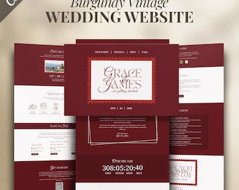 Burgundy Vintage Wedding Website Template, Canva (Digital)