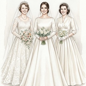 May include: Watercolour illustration of three brides in white wedding dresses, each holding bouquets. The dresses vary in style, with one featuring lace sleeves and a tiara, another a simple neckline, and the third a V-neck with gloves.