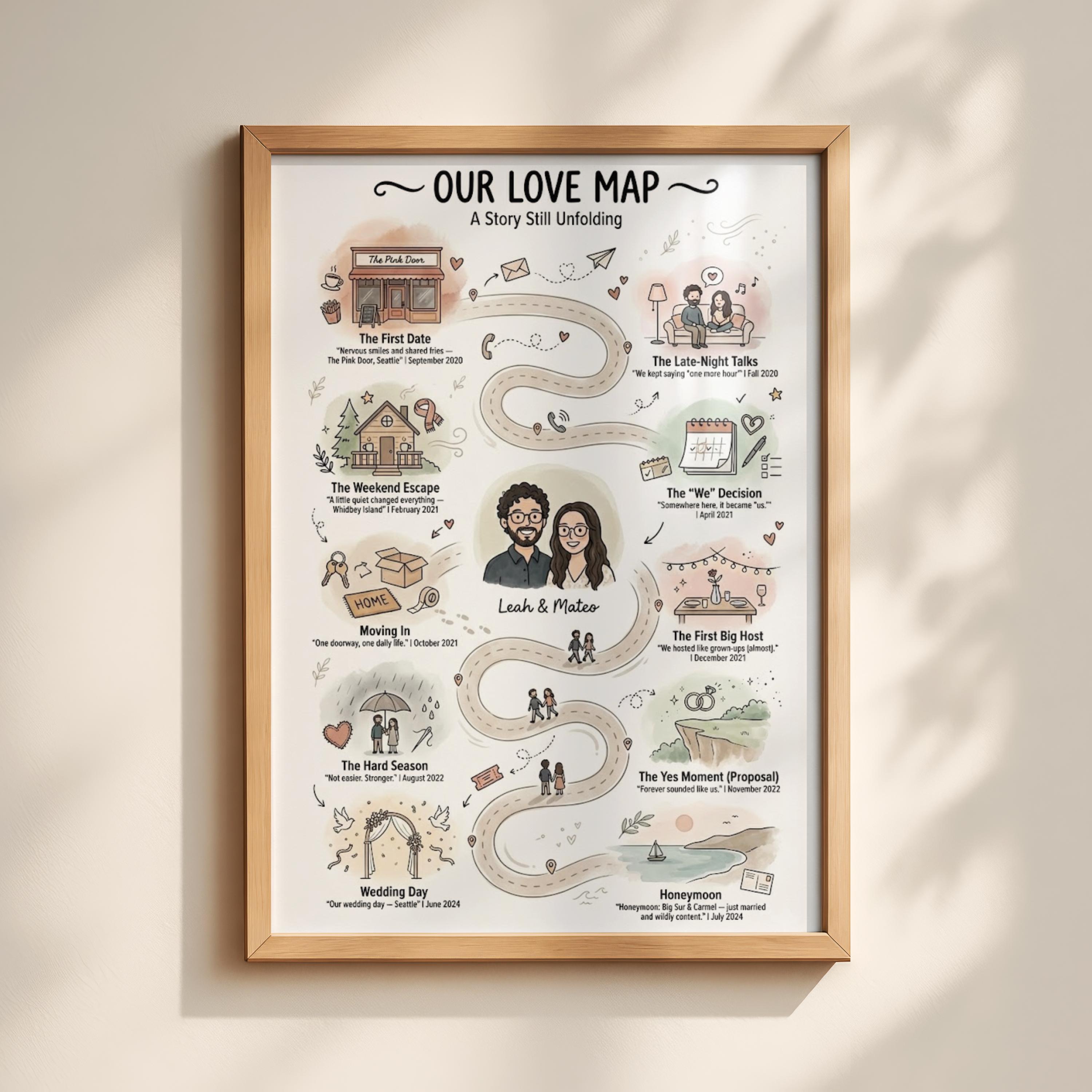 Custom Love Story Map Print, Personalized Relationship Timeline ...