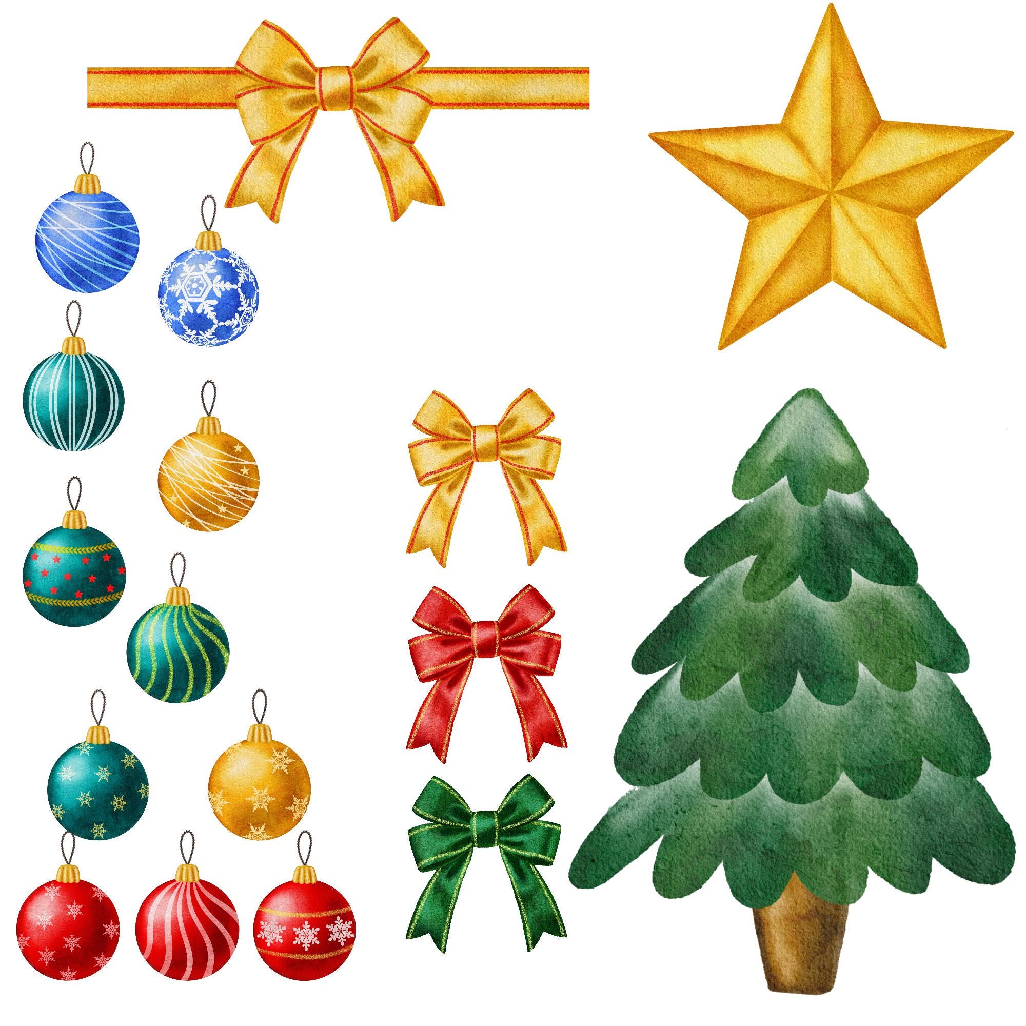 Watercolor Christmas Clipart Bundle PNG, Holiday Elements, Santa ...