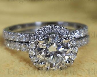 Round Moissanite Halo Bridal Ring Set, 14K White Gold Plated