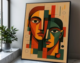 Abstract Faces Canvas Art, Geometric Cubism Portrait, Ready to Hang