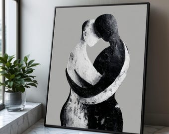 Abstract Couple Canvas Art, Black and White Hugging Silhouette