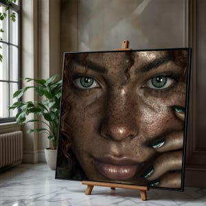 Op de afbeelding: Een ingelijst portret van een gezicht met opvallende groene ogen en sproeten. De afbeelding wordt weergegeven op een houten ezel. De hand van de persoon, met donkergroene nagellak, bevindt zich in de buurt van haar gezicht.