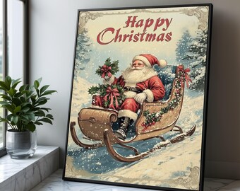 Vintage Santa Claus Sleigh Canvas, Happy Christmas Wall Art