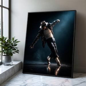 May include: Framed print of a dancer in a black jacket with silver sequins, white shirt, and fedora hat. The dancer is in a dynamic pose, with one leg extended and arms outstretched. The background is dark with a spotlight.