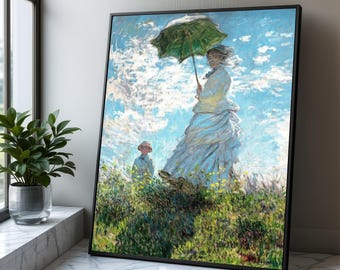 左向きの日傘をさす女性 - クロード・モネの手描きの油絵の複製、日光