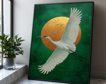 White Crane Canvas Art, Golden Sun, Asian Inspired Bird Print