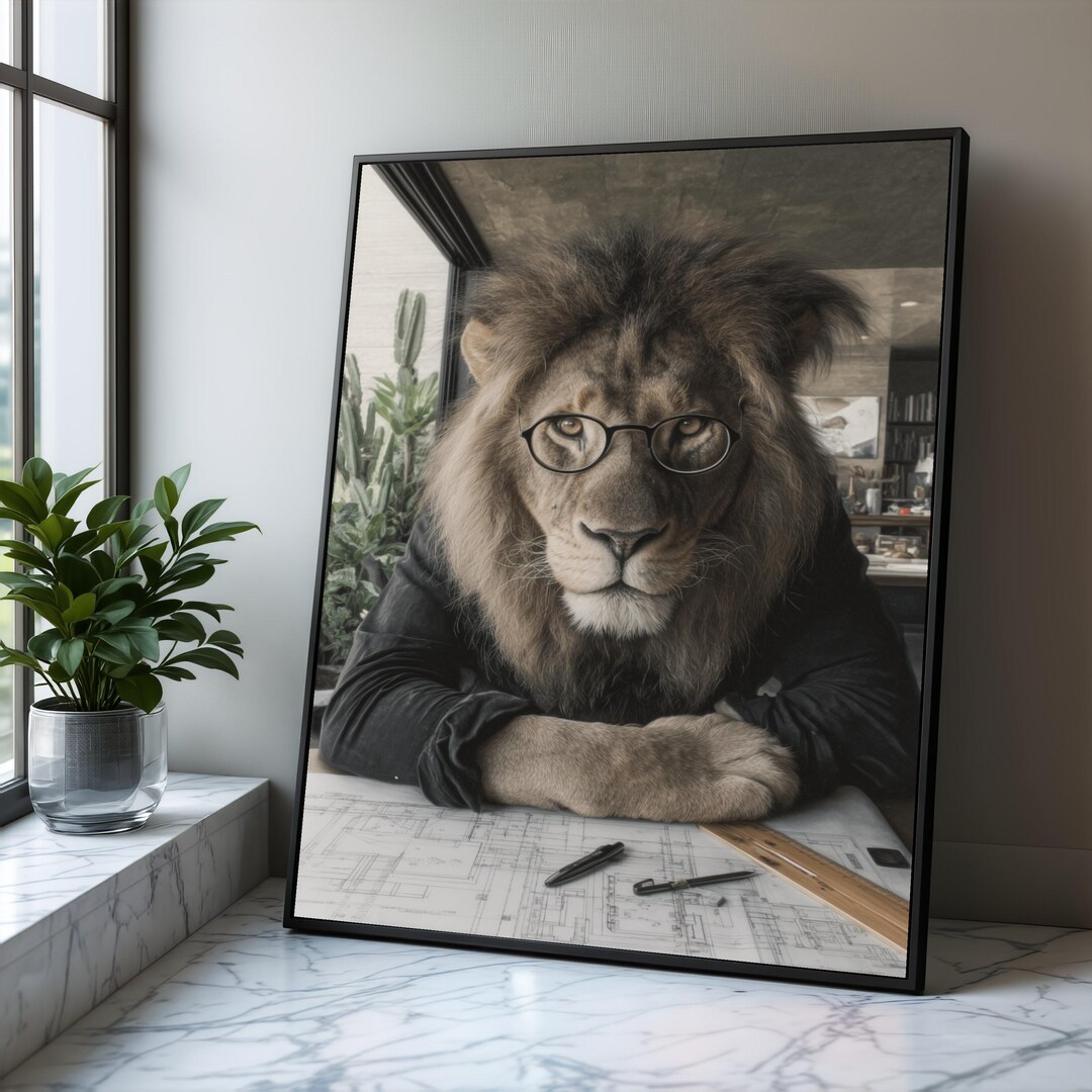 Intelligent Lion With Glasses, Office Animal Portrait Canvas, Unique ...