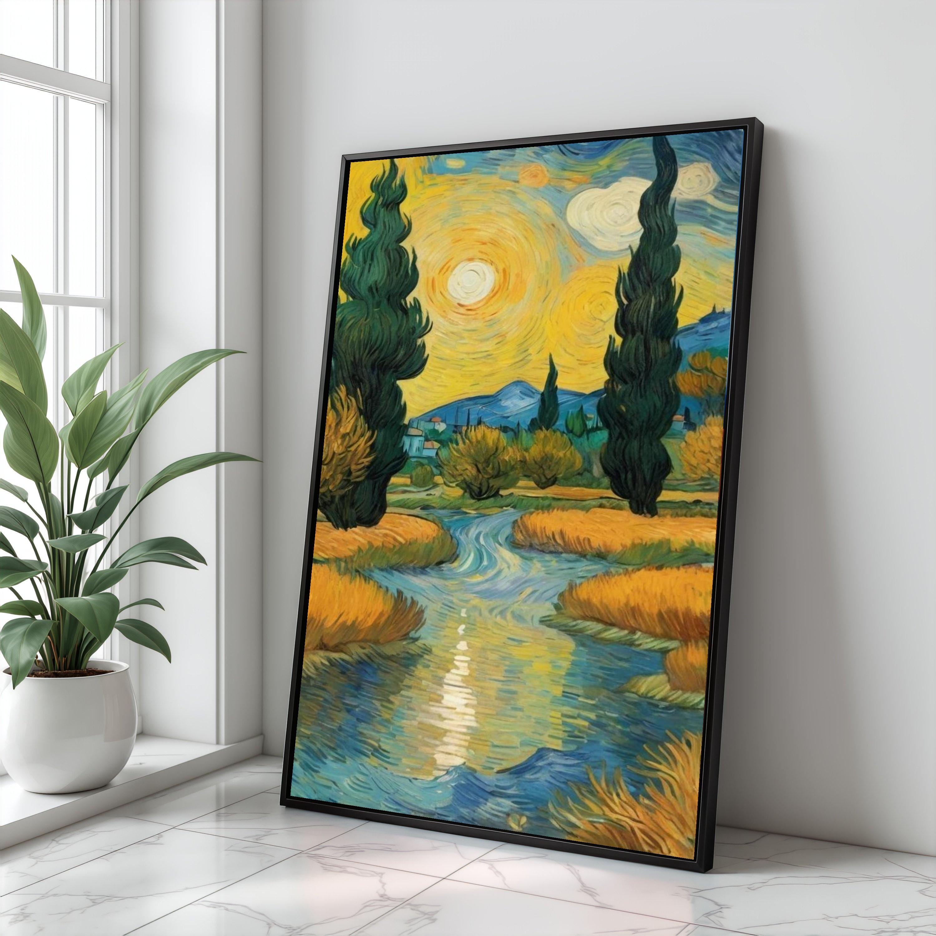 印象派の風景画キャンバスアート、糸杉の木、川の風景 - Etsy 日本