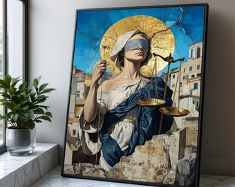 Lady Justice Canvas Art, Blindfolded Legal Symbolism, Gold Scales
