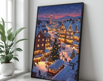 May include: Framed art print of a snowy European village at dusk. The image shows illuminated buildings, a Christmas tree, and figures in the snow. The sky transitions from blue to orange.