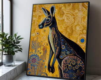 カンガルーのアボリジニスタイルキャンバスアート、鮮やかなフォーク