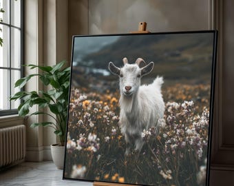 White Goat Canvas Print, Meadow Flowers, Rustic Farmhouse Wall Art