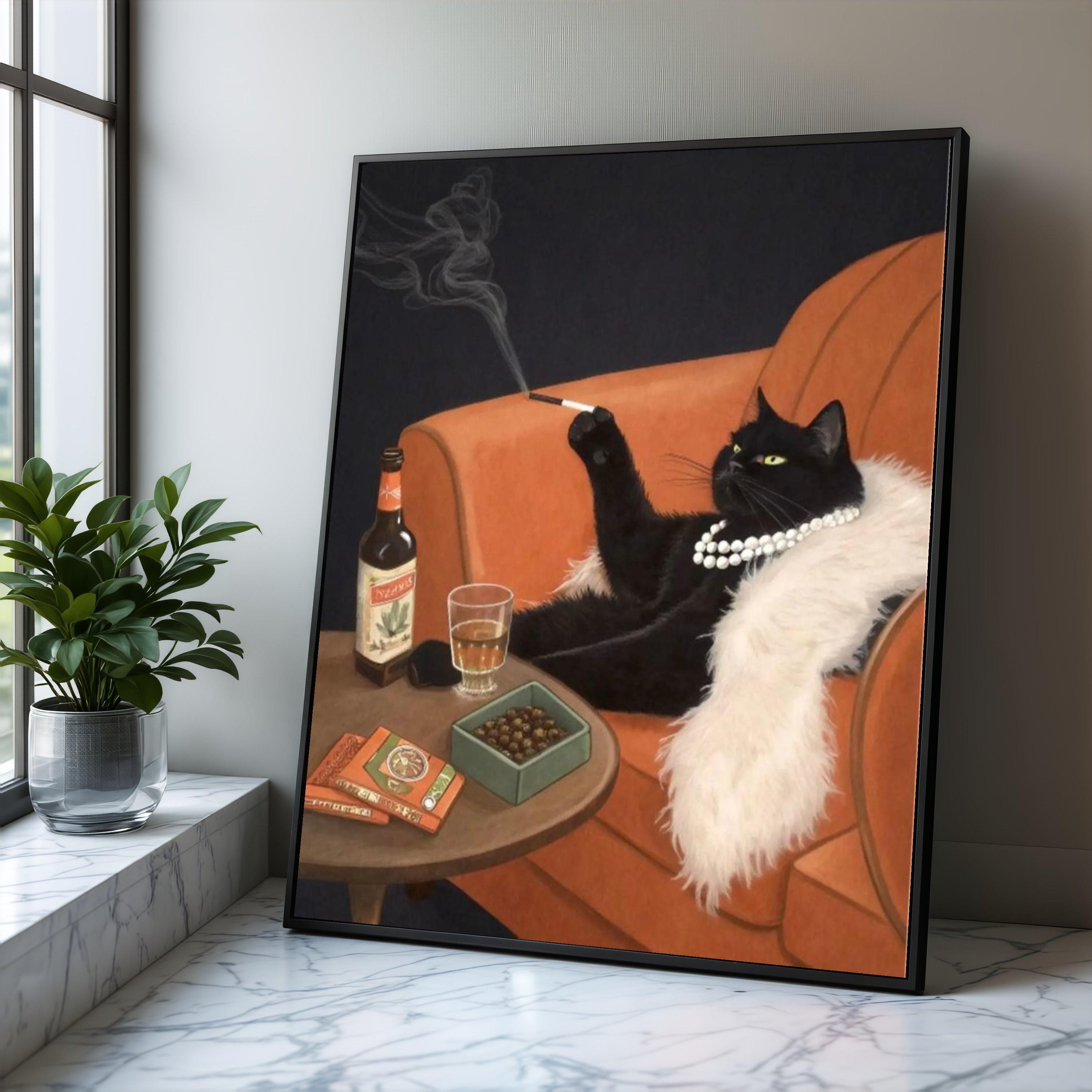 Black Cat Smoking Retro Art, Orange Sofa Canvas Print - Etsy