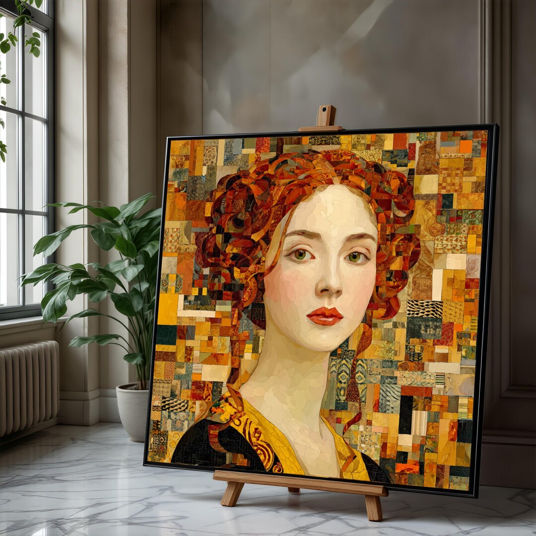 Gustav Klimt Mosaic Portrait Canvas, Red Hair Woman Wall Art, Abstract ...