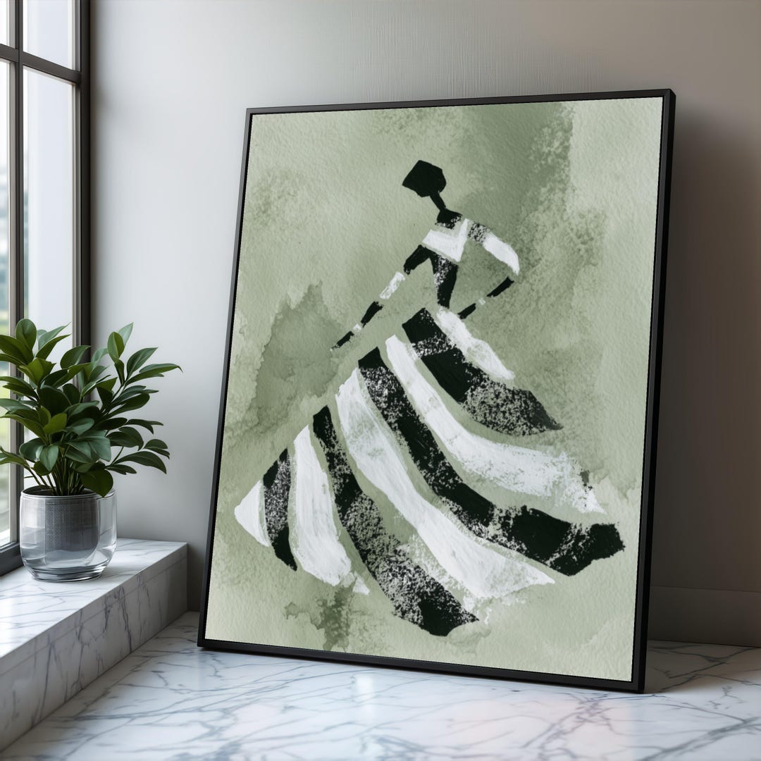 Elegant Abstract Woman in Striped Dress Canvas, Minimalist Fashion Art ...