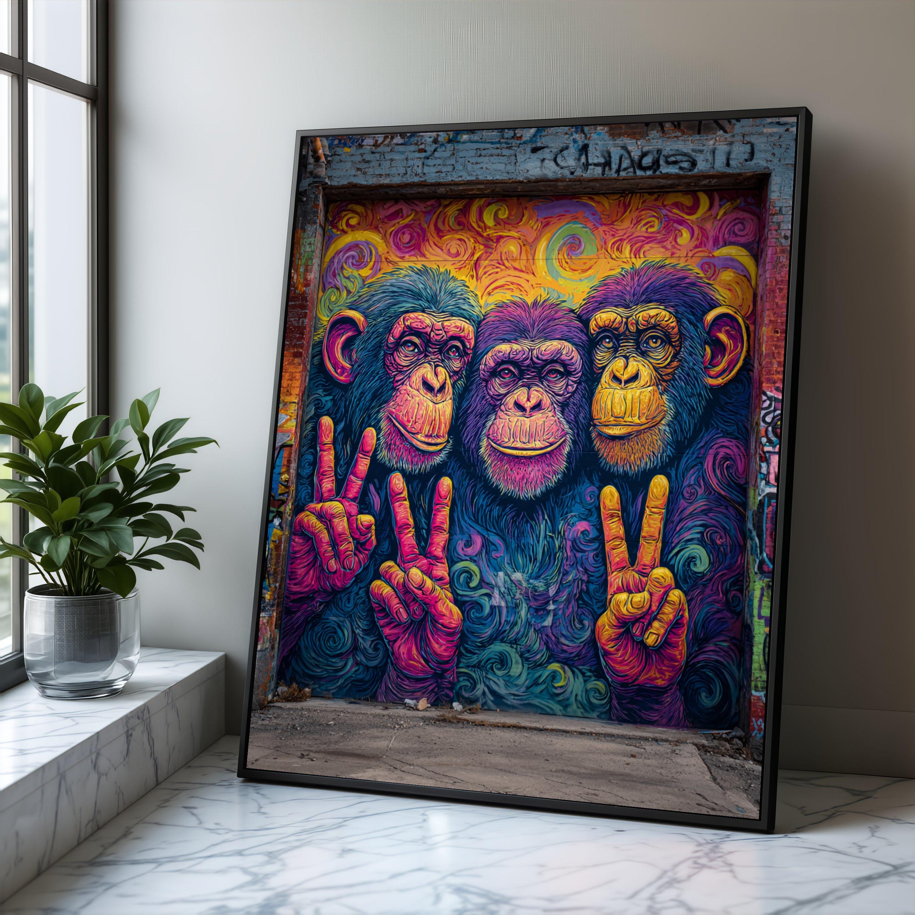 Peace Chimpanzees Canvas, Colorful Urban Street Art, Funky Monkey