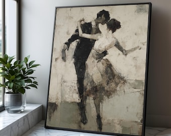 May include: A framed artwork depicts a couple dancing, rendered in a muted palette of black, white, and gray. The man wears a black suit, and the woman is in a white dress. The painting has an abstract, textured style, with visible brushstrokes.