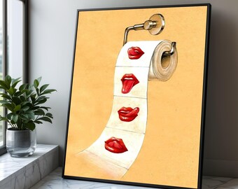Canvasafdruk toiletpapier rode lippen, humoristische badkamerkunst