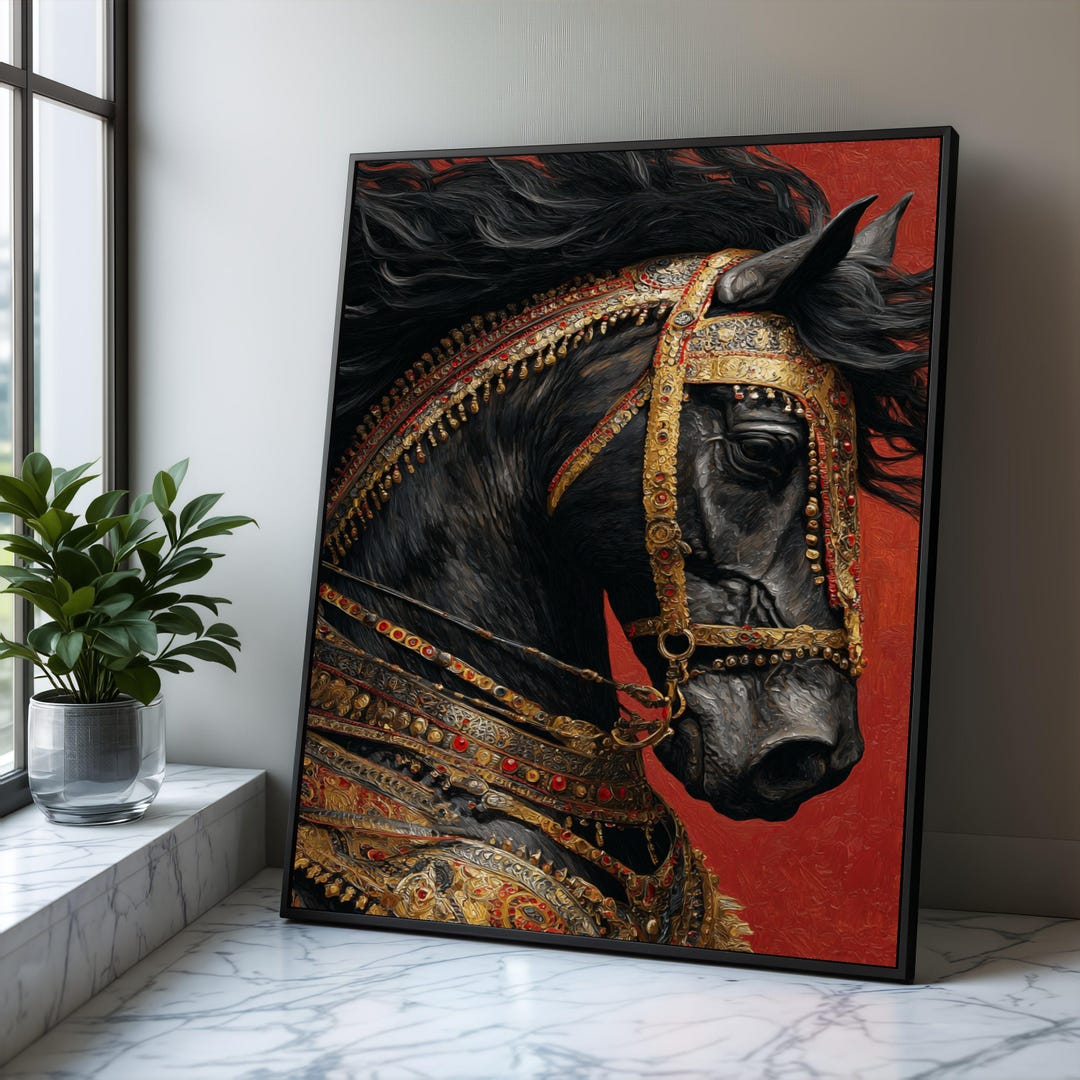 Majestic Black Horse Portrait, Ornate Bridle Canvas, Equestrian Art - Etsy