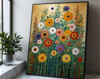 Gustav Klimt Floral Canvas Art, Gold Botanical Print