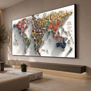 May include: A large rectangular wall art piece featuring a world map with a textured, three-dimensional cracked earth effect. Each country is filled with its respective national flag in vibrant colors against a white background with text.