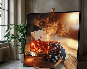 Whiskey Glass Canvas Print, Poker Chips, Casino Bar Scene Art