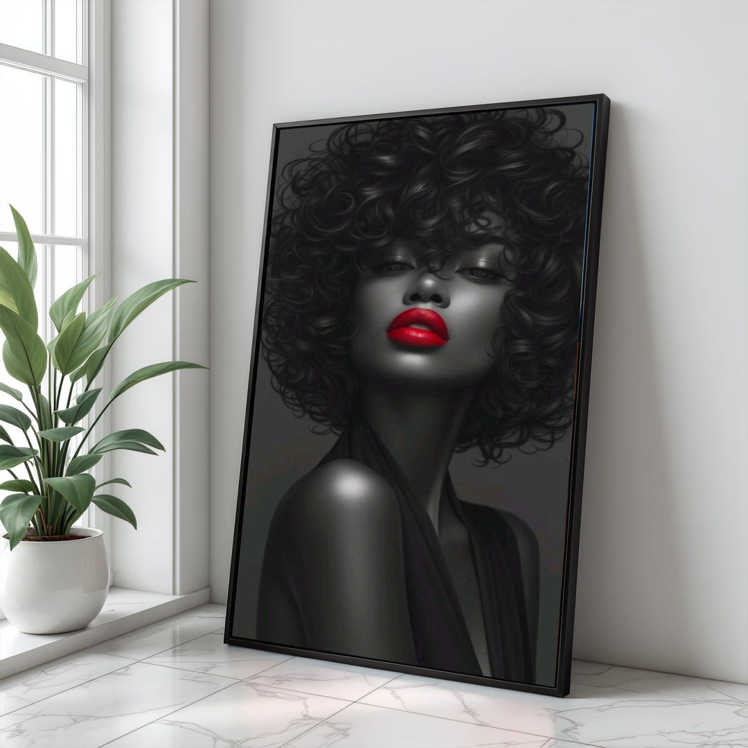 Black Woman Portrait Canvas, Red Lips, Afro Hair, Glamour Wall Art - Etsy