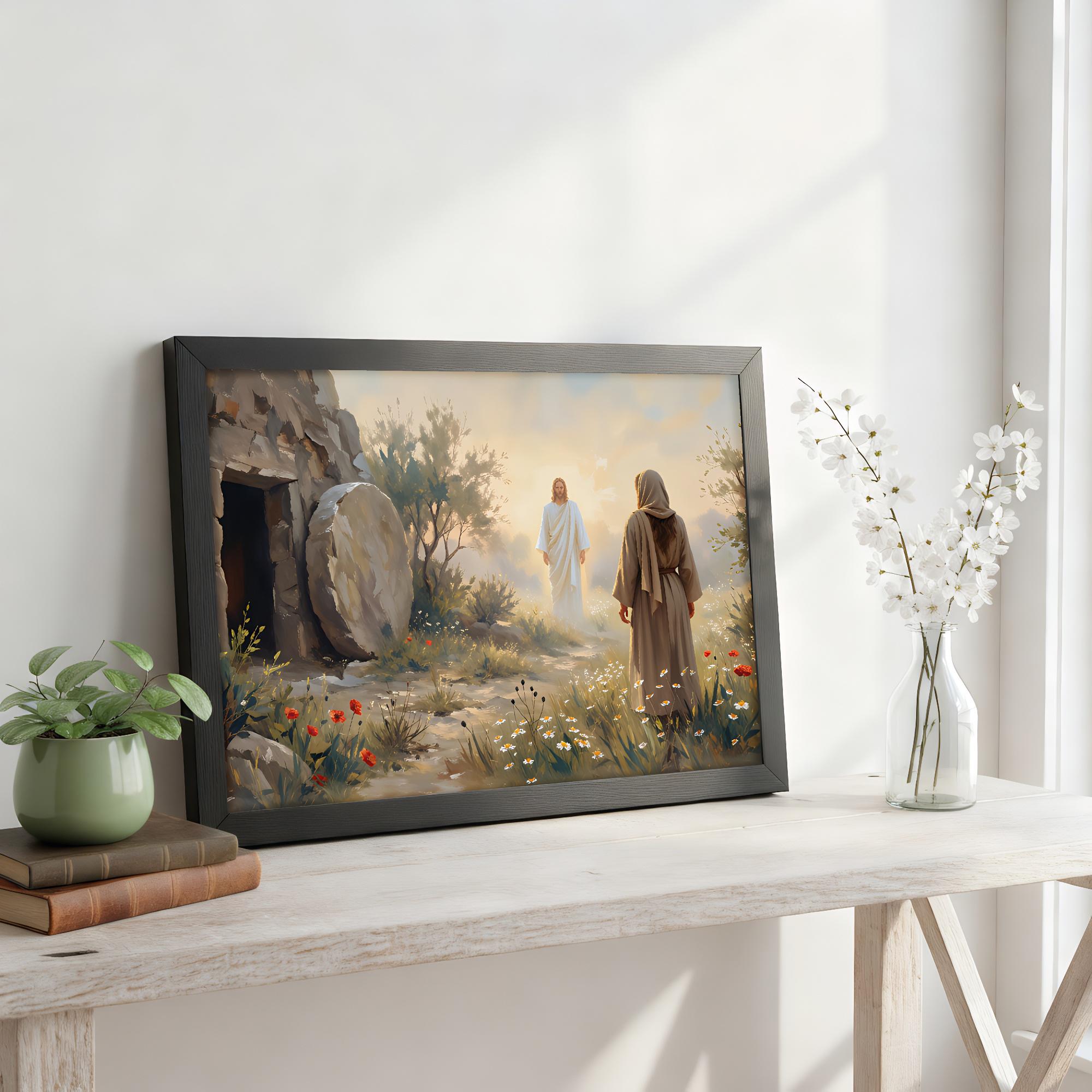 Resurrection Scene Art Canvas, Jesus at the Empty Tomb Illustration ...